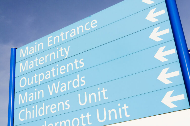Hospital sign for Maternity, Outpatients, wards and children's unit